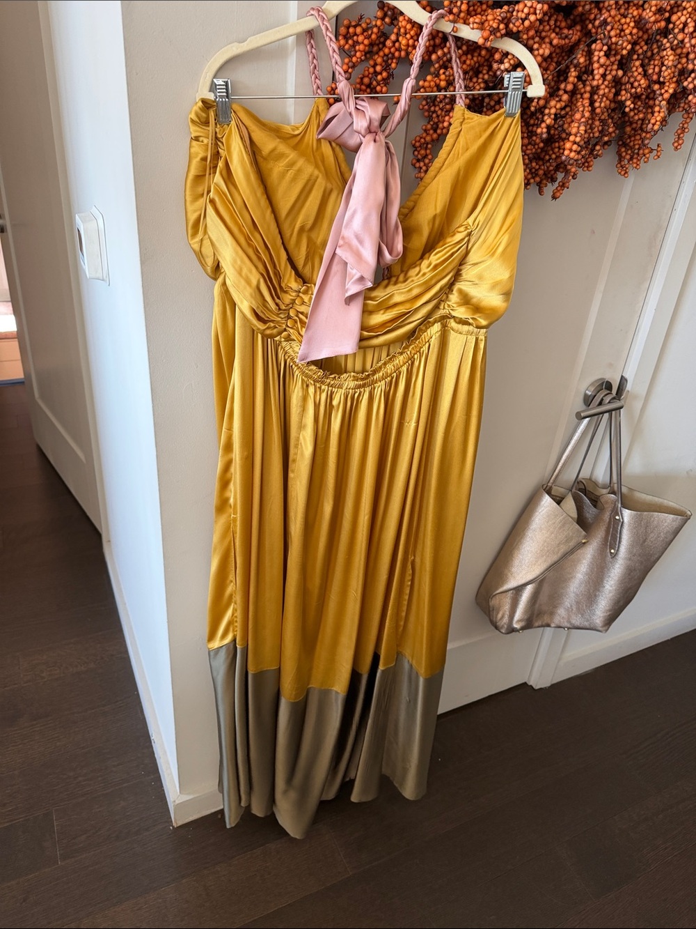 Anthropologie Satin Two-Tone Gold and Olive Maxi Dress with Pink Halter Tie - Picture 4 of 4